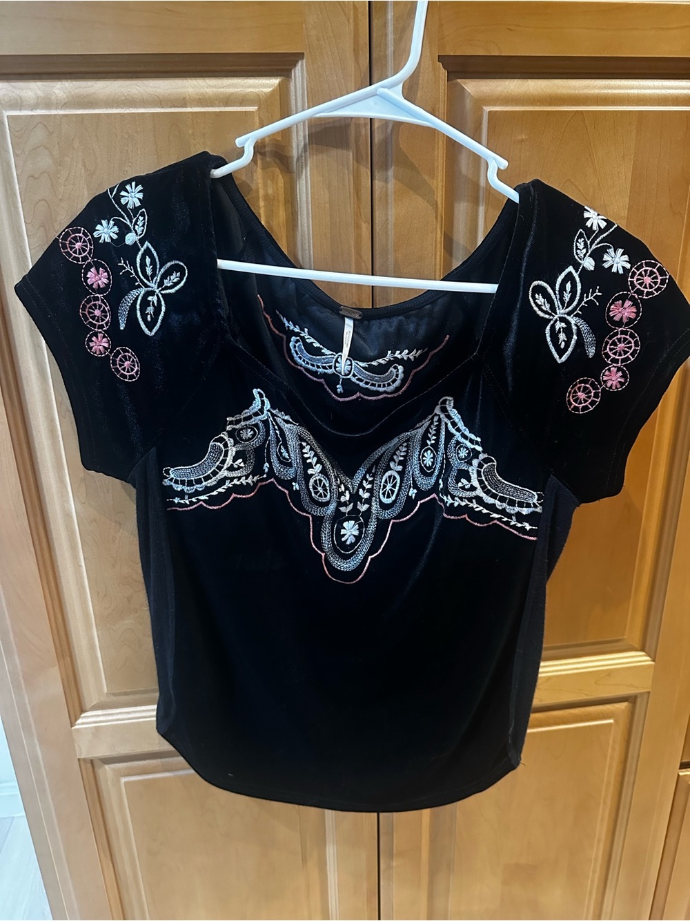 Free People Black Velvet Short Sleeve Embroidered Tee